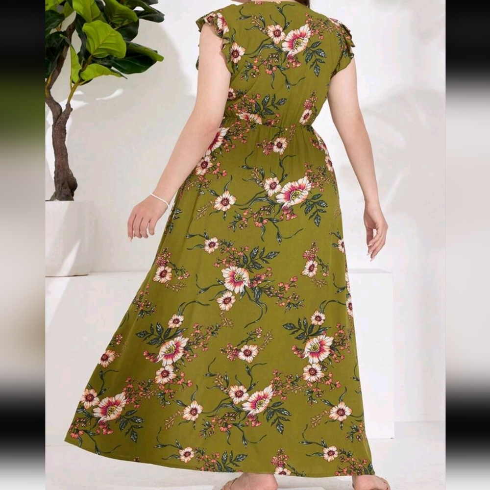 SHEIN Olive Green Floral Flutter Sleeve Dress - Picture 6 of 11